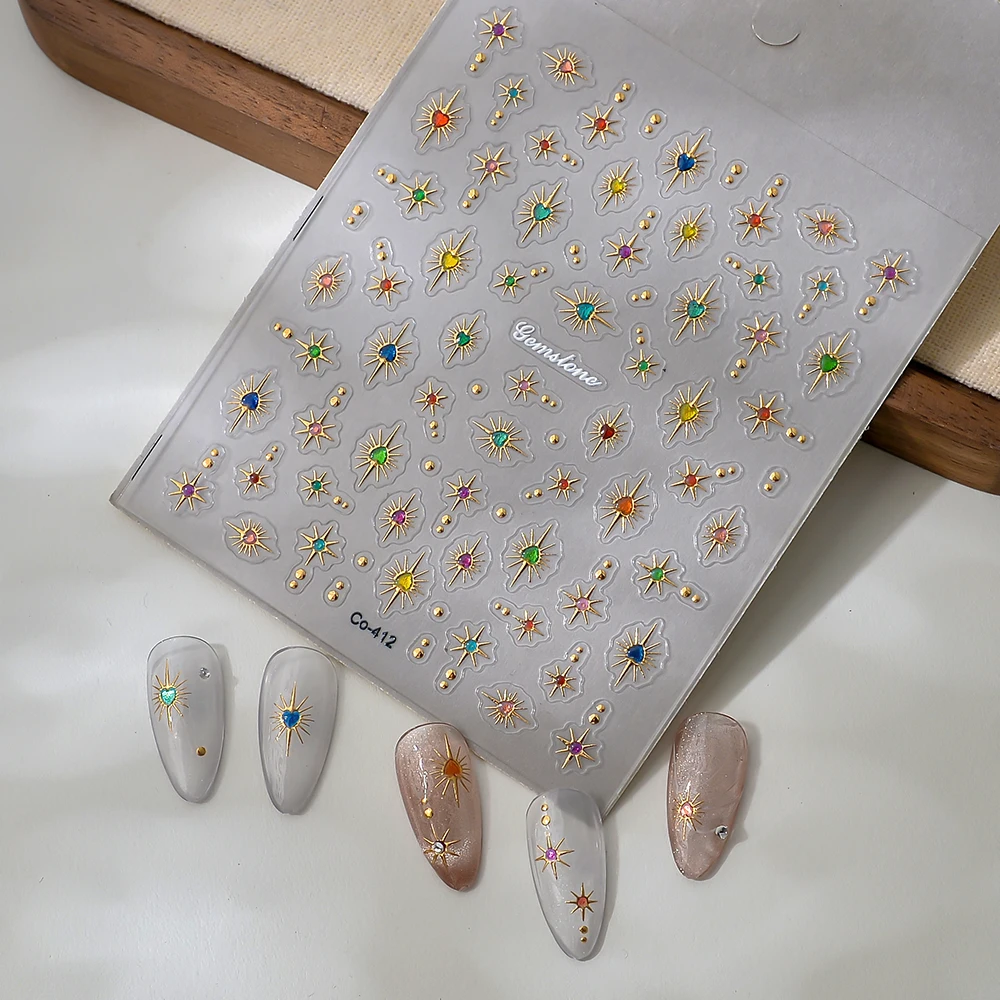 1Pc 골드 스탬핑 멀티 컬러 지르콘 하트 모양의 하이 엔드 장식 5d 릴리프 맞춤형 여성 네일 장난감 스티커