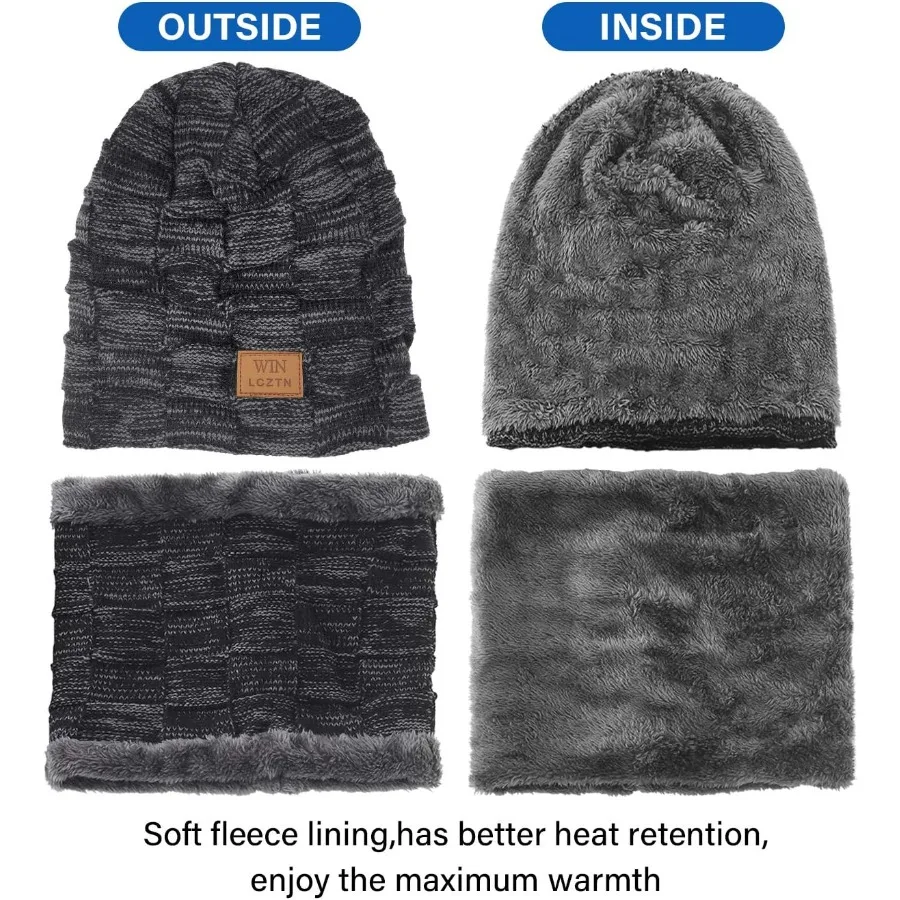 LCZTN Set di sciarpe per cappelli a cuffia invernale da uomo, cappelli da sci in maglia foderati in pile caldo, berretto con teschio slouchy per regalo unisex