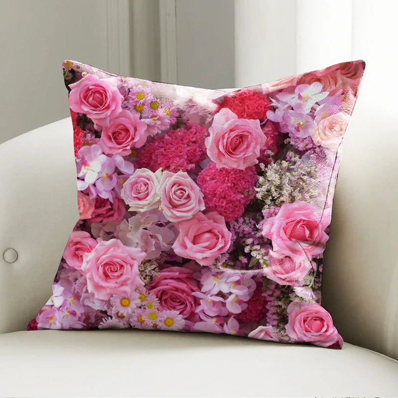 

Pink Floral Bouquet Pillow Cover, Soft Flower Print Cushion Case, Sofa Bedroom Decorative Accent Pillow