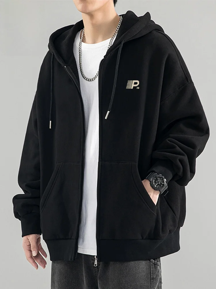 

Loose Fit Hooded Open Cardigan Jaet Men's Bla Heavyweight Trendy American Sweatirt Casual Breathable Long Sl...