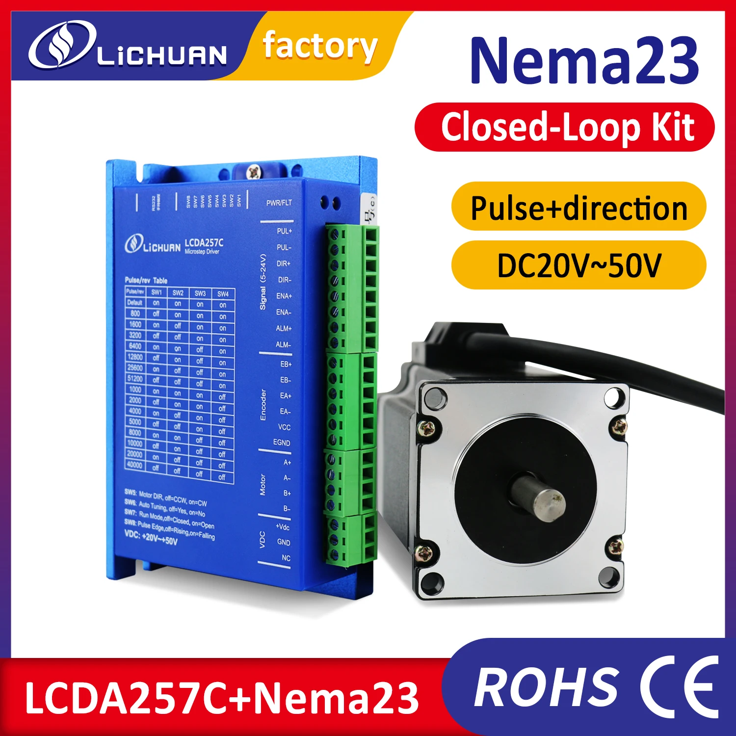 Lichuan closed loop stepper motor Nema23 1Nm 1.5Nm 2Nm with driver kit LCDA257C 6A power for CNC router