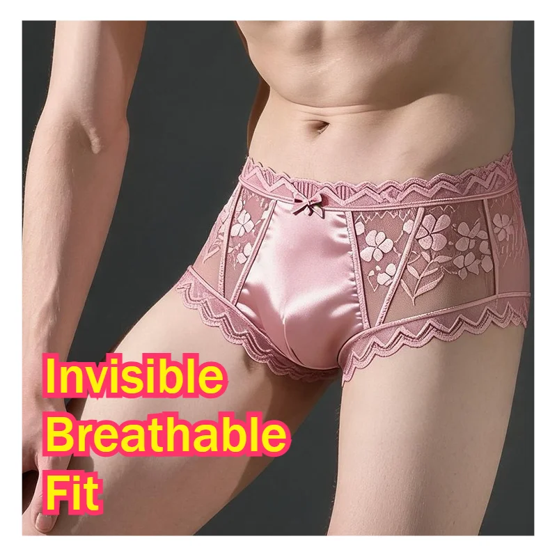 2PCS Pack Seamless Ultra Thin Sheer Mesh Lace Men Briefs Underwear Pouch Fashion Silk Style Invisible Breathable Soft Boxers