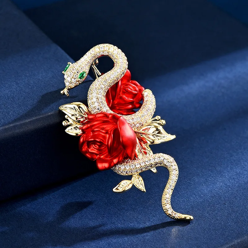 Snake-wrapped Rose Refined Luxury Cubic Zirconia Temperament Brooch Exquisite Corsage Suit Accessories Pins Female Jewelry