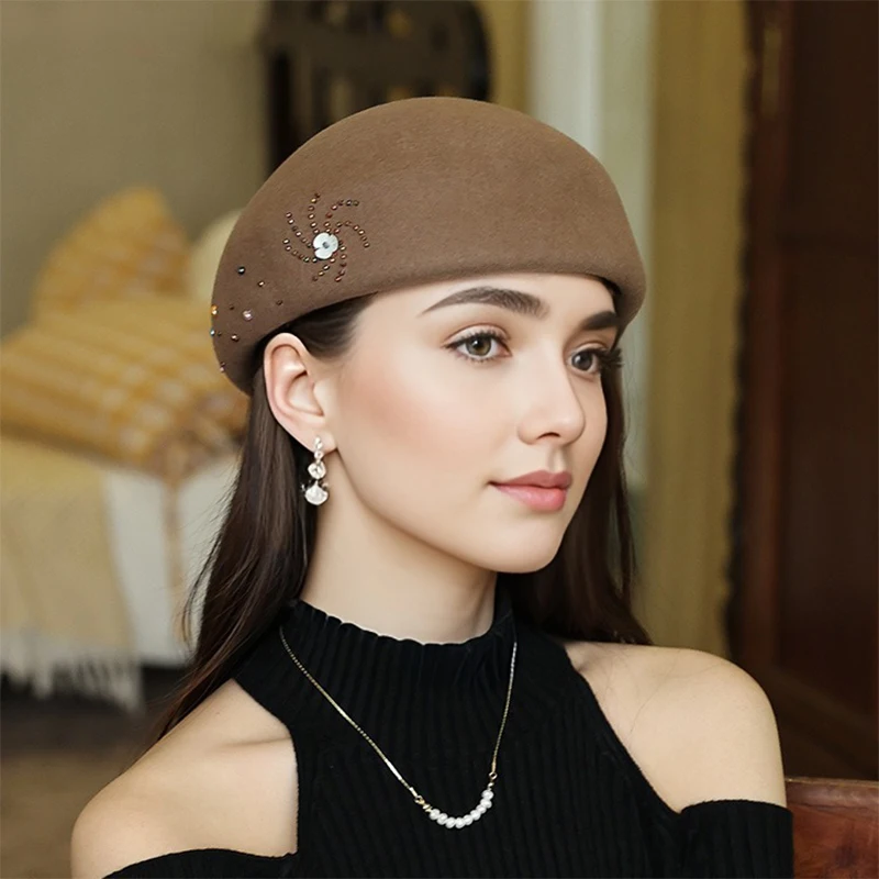 Beret Women\'s Autumn and Winter Woolen Top Hat Japanese Retro Versatile Fashion Flight Attendant Hat Bud Hat Fashion Trend Elega