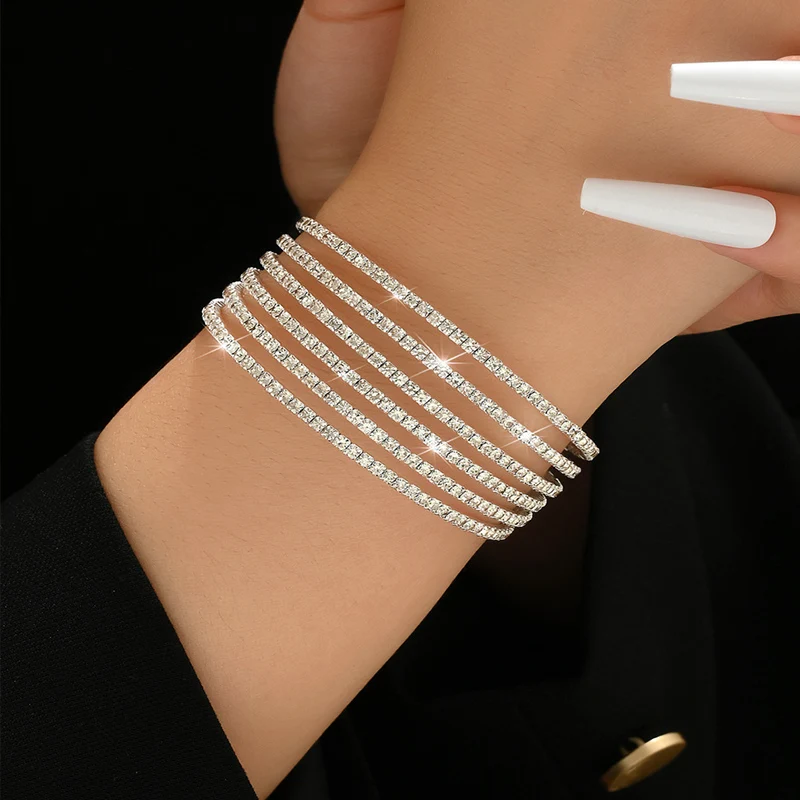 Obega Chic Multilayer Cuff Bracelet Full Shiny Cubic Zircon Korean Bangles Classic Silver Color Daily Wear Wedding Jewelry