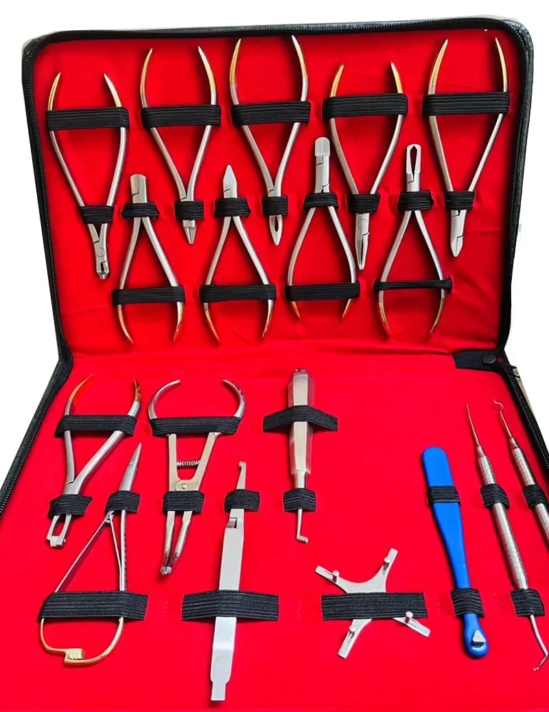 18-Piece Orthodontic Instrument Set Including Pliers and Archwire Bending Tools for Braces Adjustment and Dental Use