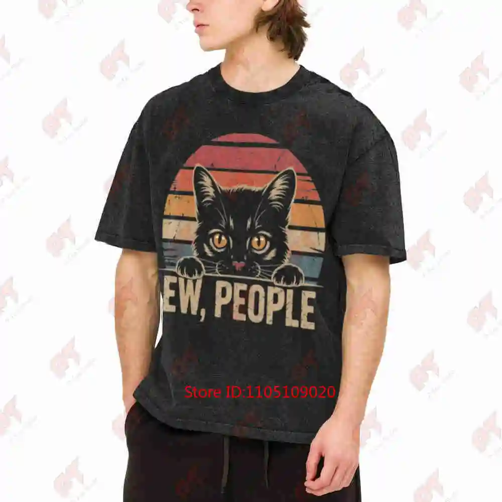 Ew People Retro Cat Introvert Vintage Washed Tee Pure Cotton T-Shirt