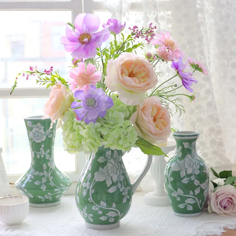 Jingdezhen blue and white porcelain vase, ceramic vase, new Chinese style green floral vase, hydroponic flower arrangement vesse