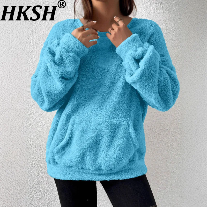 HKSH 2025 الخريف الشتاء جديد المرأة البلوز س الرقبة طويلة الأكمام جيب بلون أنيقة عارضة الأزياء تنوعا قمم HK12474