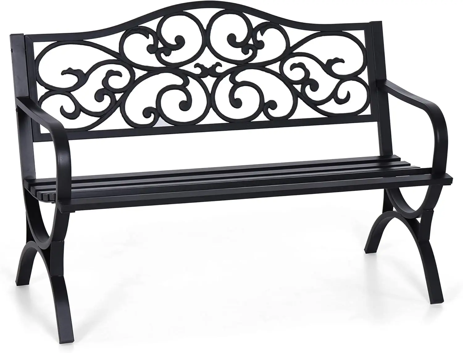 Outdoor Garden Bench, Cast Iron Metal Frame with Floral Design Backrest, 500lbs Weight Capacity, Easy To Assemble, Patio Benches