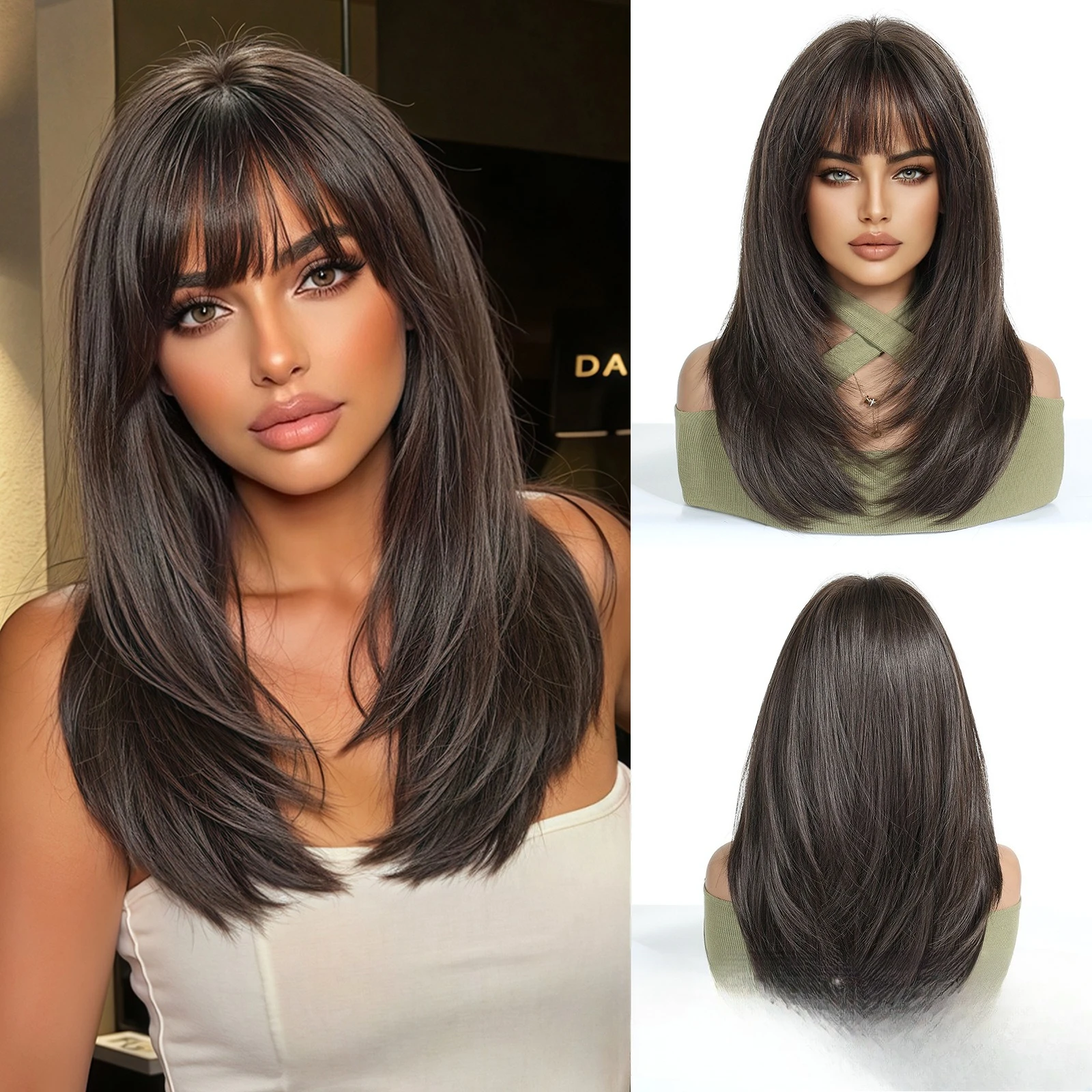 

New big scalp random sewing mechanism chemical fiber brown Qi bangs layered long straight hair temperament