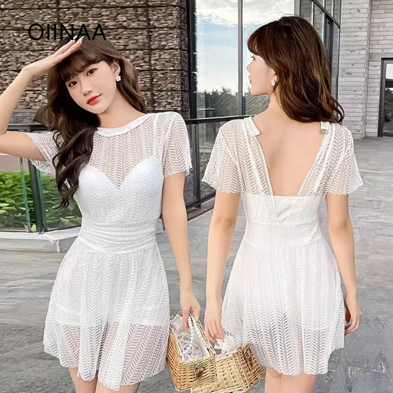 

OIINAA One Piece Swimsuit Women O Neck Lace Beach Dress Fashion Black Hot Spring Swimwear Summer 2025 New Korean Sexy Biquinis