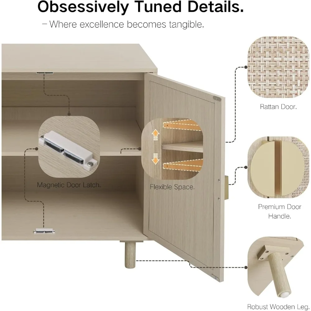 Armoire de rangement en rotin, buffet Boho beige avec étagère réglable, loquet de porte magnétique. (2 pièces, Beige.)