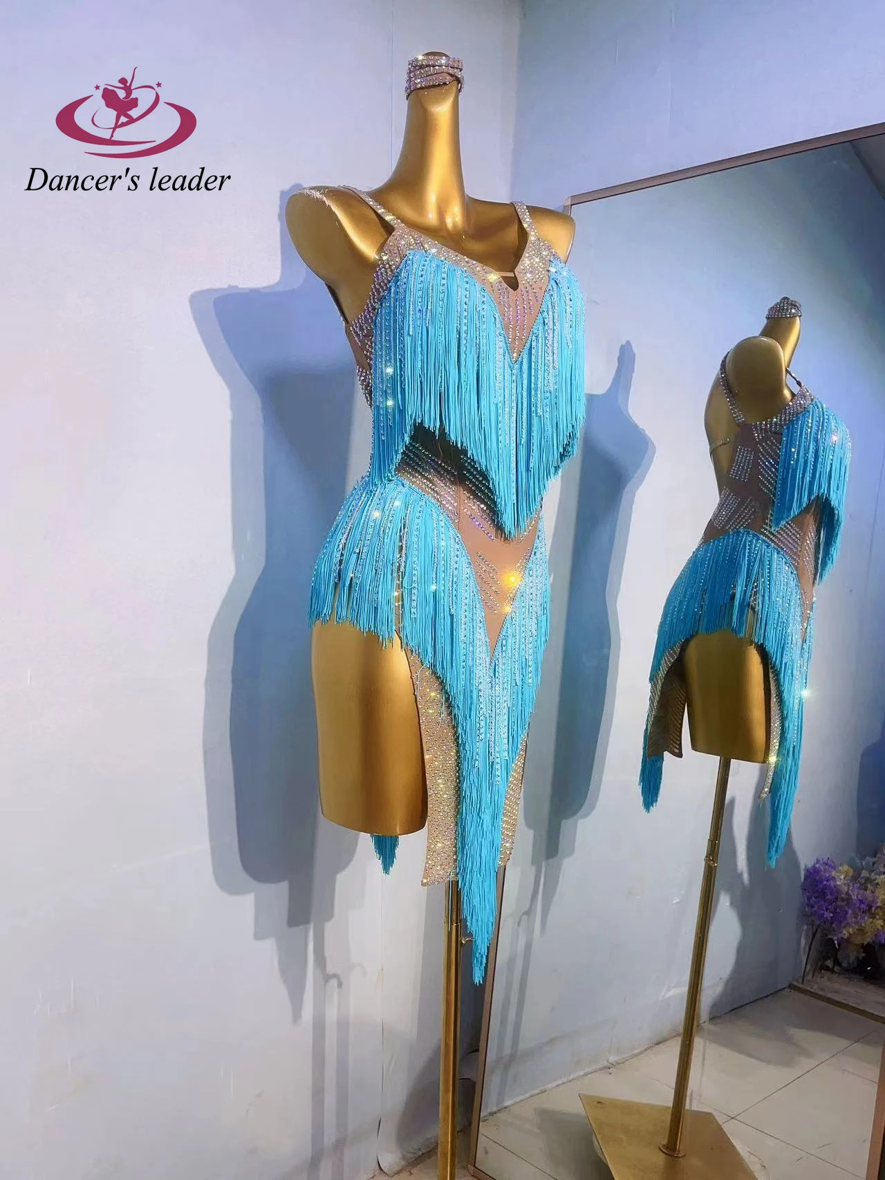 Latin Dance International Stage Diamond Women's Wear High end Customized Two tone Blue Tassel American Samba Performance Dress