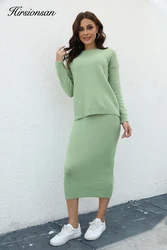 Hirsionsan Soft Elegant Vintage Women Suits New 2 Pieces Female Sets O Neck Sweater & Midi Dress Ladies Knitted TrackSuit