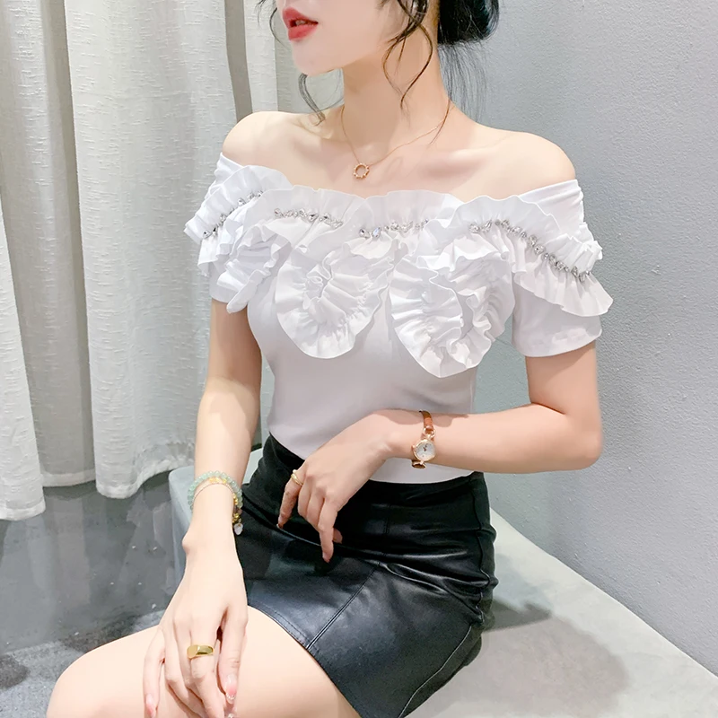 2024 New Summer European Clothes T-Shirt Chic Sexy Off Shoulder Patchwork Ruffles Diamonds Women\'s Tops Short Sleeve Tees 46078