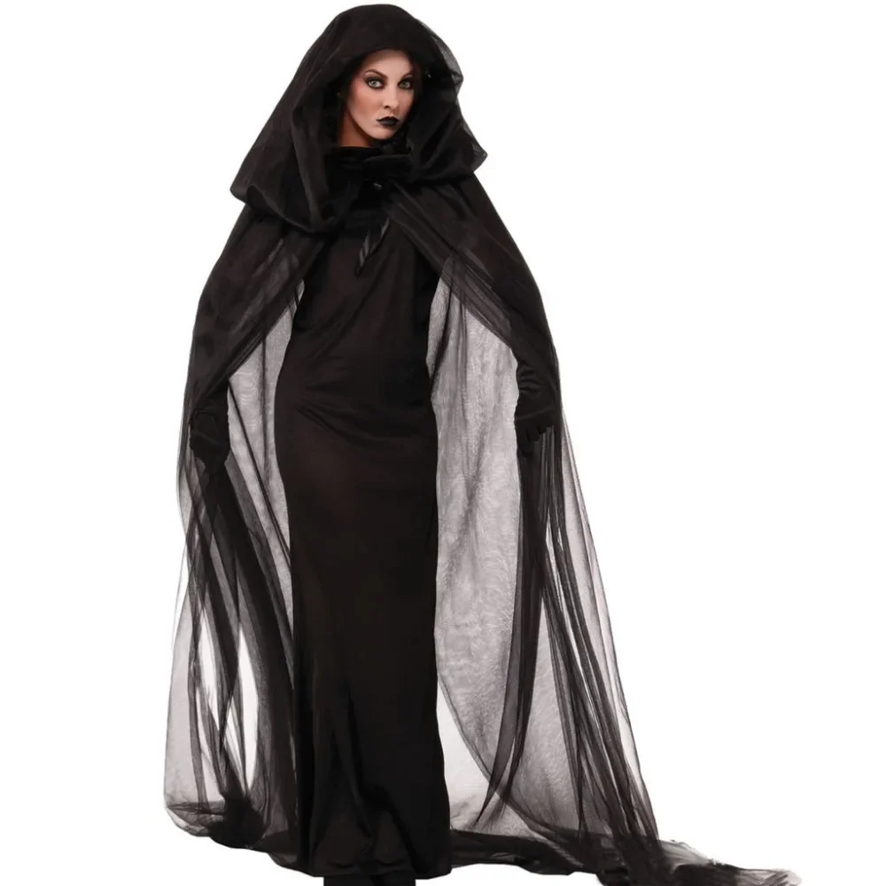 Black Wandering Soul in the Night Wicked Witch Costumes for Women  Halloween Cosplay Fancy Long Dress Up