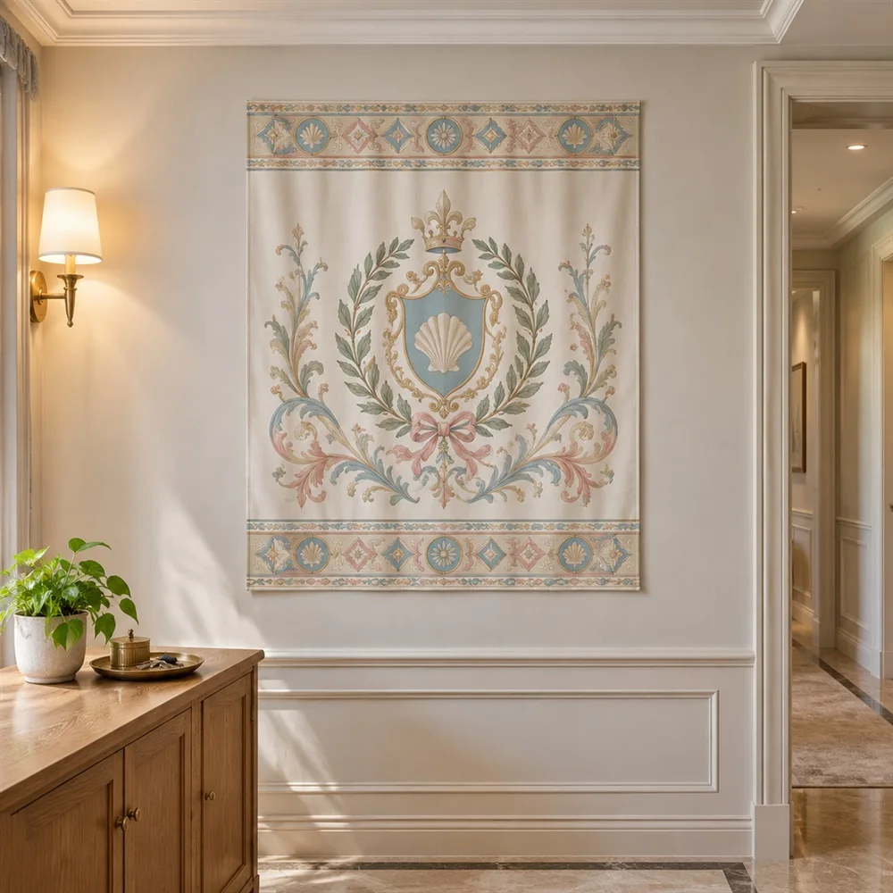VIKAMA Geometric Crest Motif Twin Bands Tapestry Wall Hanging, Neoclassical Wall Decor Tapestries for Living Room Bedroom Office