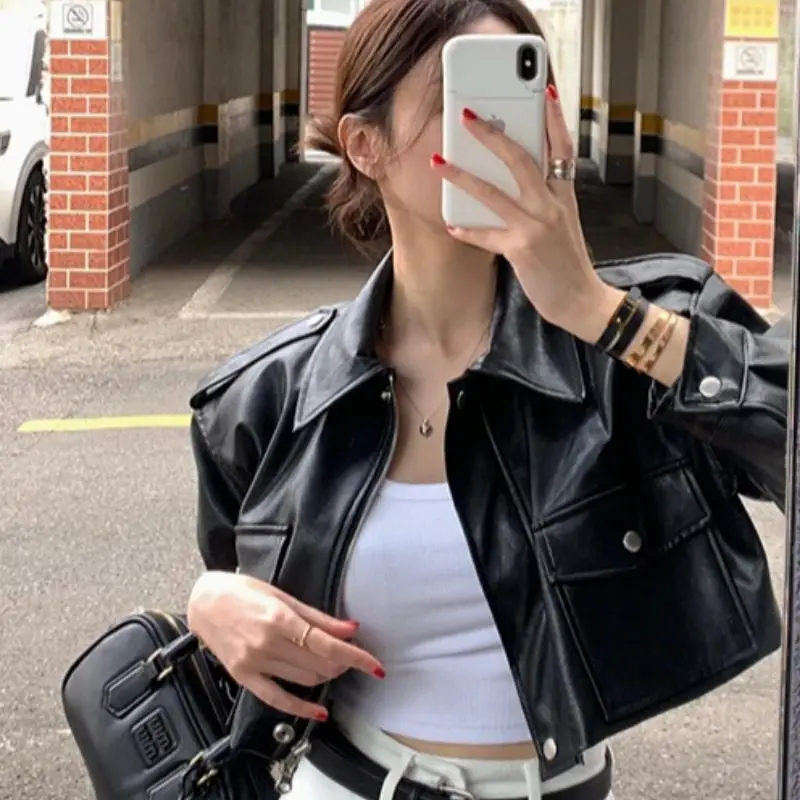 

Модная повседневная кожаная куртка с воротником на молнии, женская верхняя одежда Dongda Gate, прямая поставка, французский стиль, свободный крой