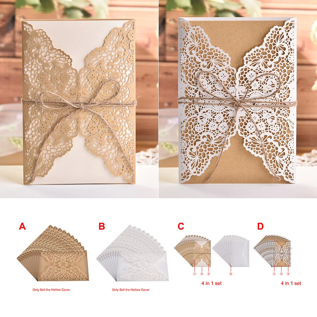 

Laser-cut hollow invitation for wedding. Festival greeting card with Mink lace wedding invitation. Leather paper and hemp rope.