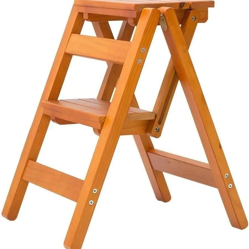 Taburete plegable de pino de 2 niveles con peldaños antideslizantes, escalera de madera portátil para uso doméstico