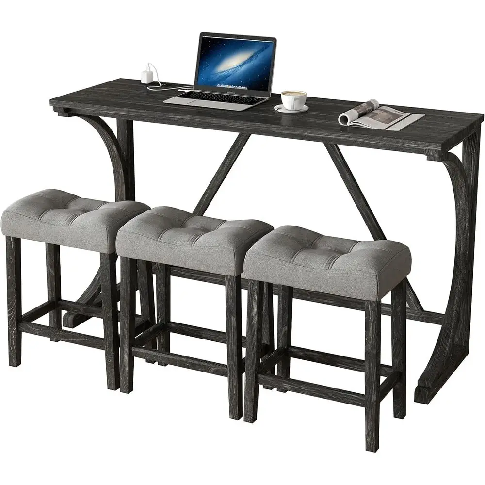 

Комплект из 4 предметов: барный стол с розеткой, обеденный барный стол 59 дюймов и набор стульев, промышленный стол для завтрака с 3 мягкими стульями