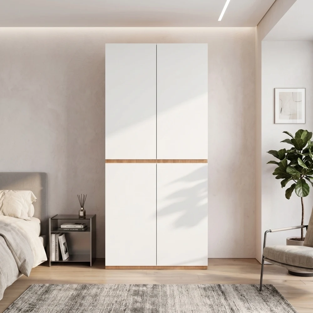 4-türiger, hoher Kleiderschrank, 90 x 50 x 200 cm, Eichenholz- und Weißlackierung, Kleideraufbewahrungsschrank mit Schmuckschublade, 1 Kleiderstange und 2 Schubladen, moderner Kleiderschrank für