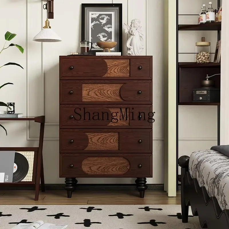 

FG retro dining side multi-functional side cabinet medium antique solid wood five-bucket door shoe cabinet