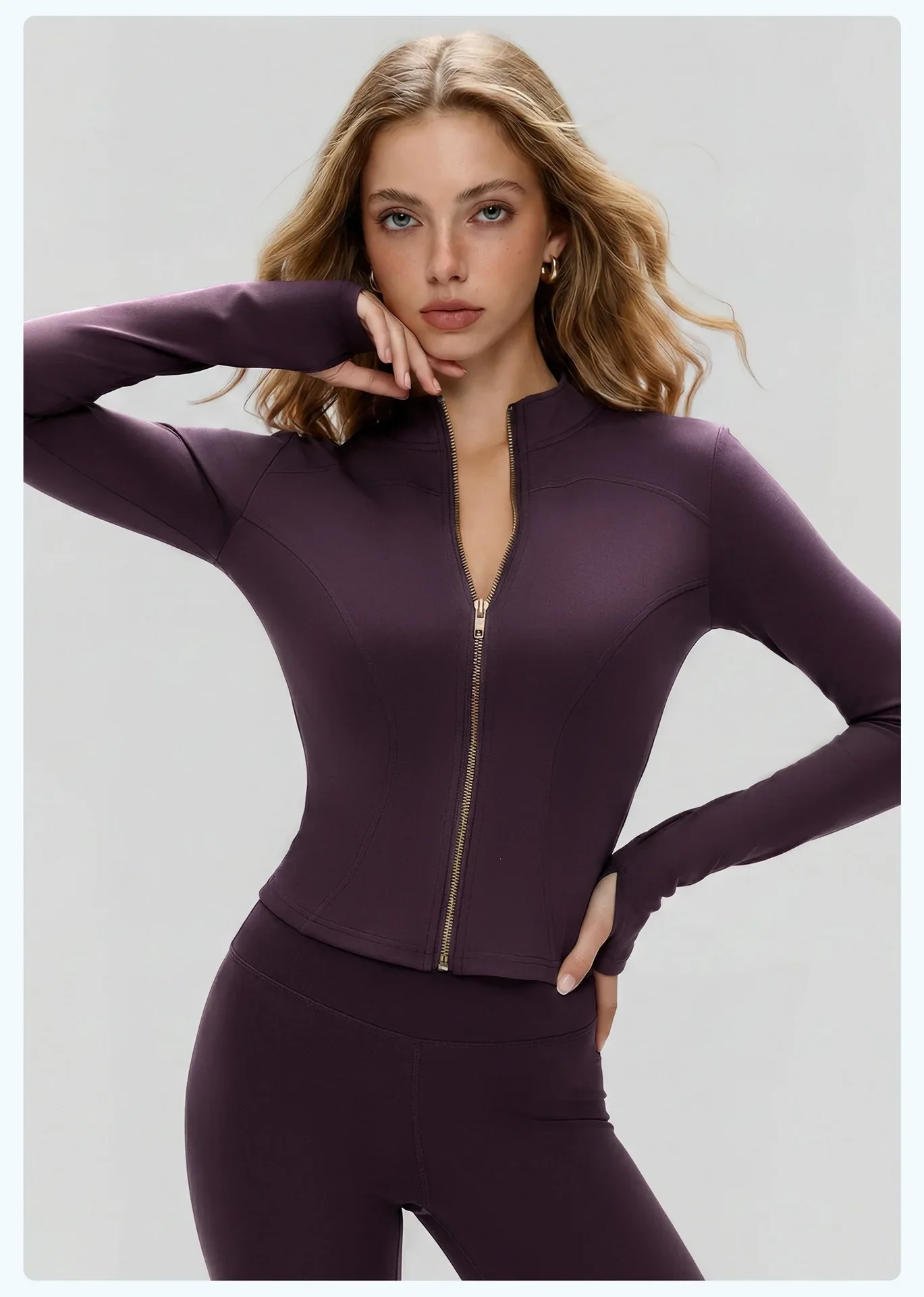 Damen Herbst-Sportjacke mit Stehkragen, Goldreißverschluss, Yoga-Oberteil, Figurbetont, Schlanke Passform, Damenjacke für Radfahren – Detail 16