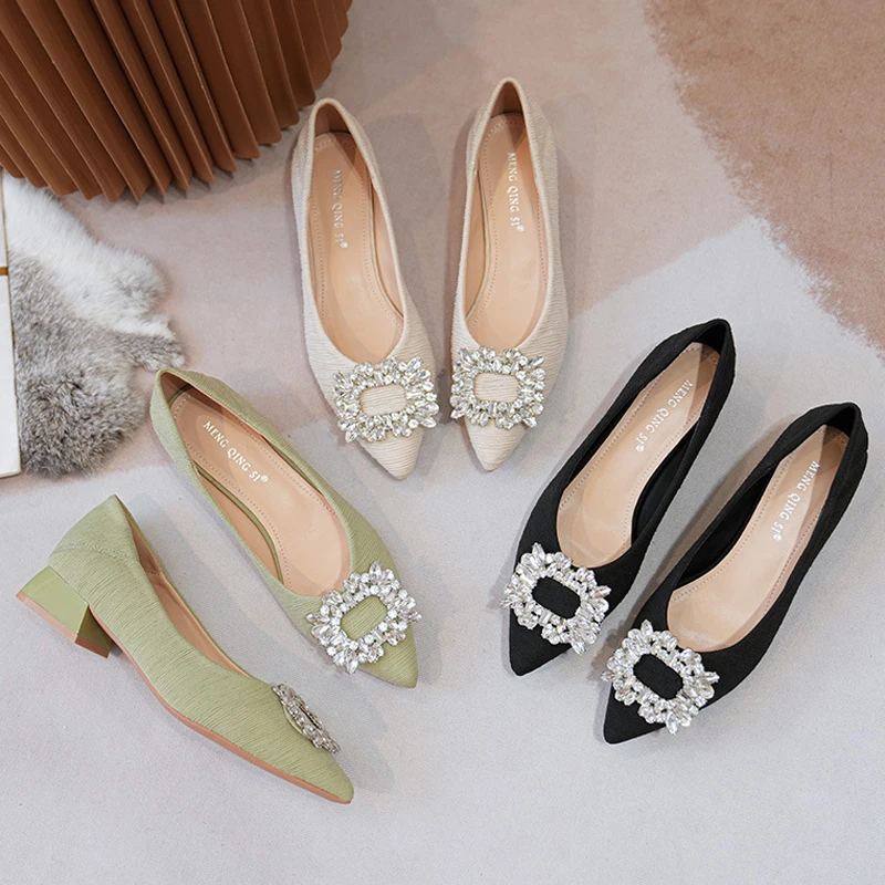 Zapatos de tacón medio alto a rayas para mujer, calzado con hebilla de cristal, color verde menta, para oficina