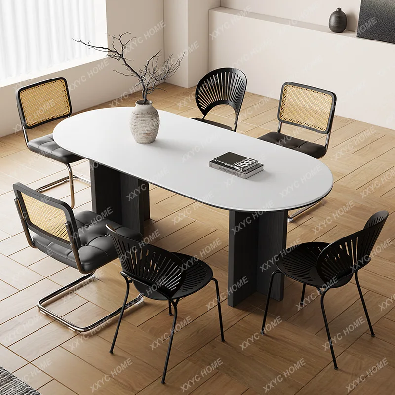JMedieval Solid Wood Dining Table New Small Apartment Household Retro Slate Semi-Circle Oval High-End