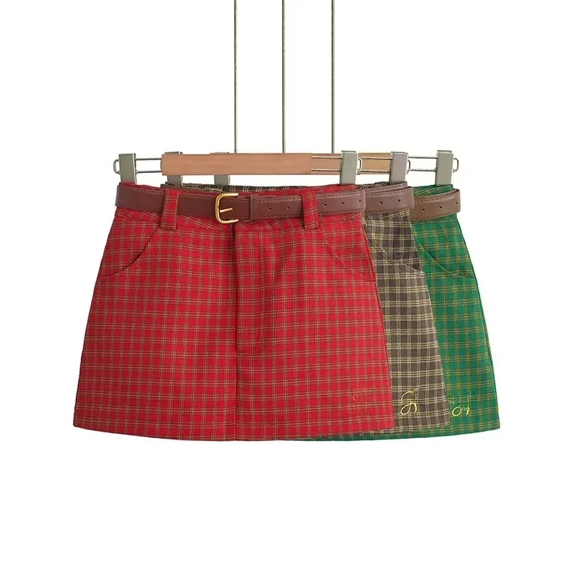 

Retro American Embroidered Suit Plaid Skirt Women's College Sle Slimming A-Line Wrap Body f-length Skirt