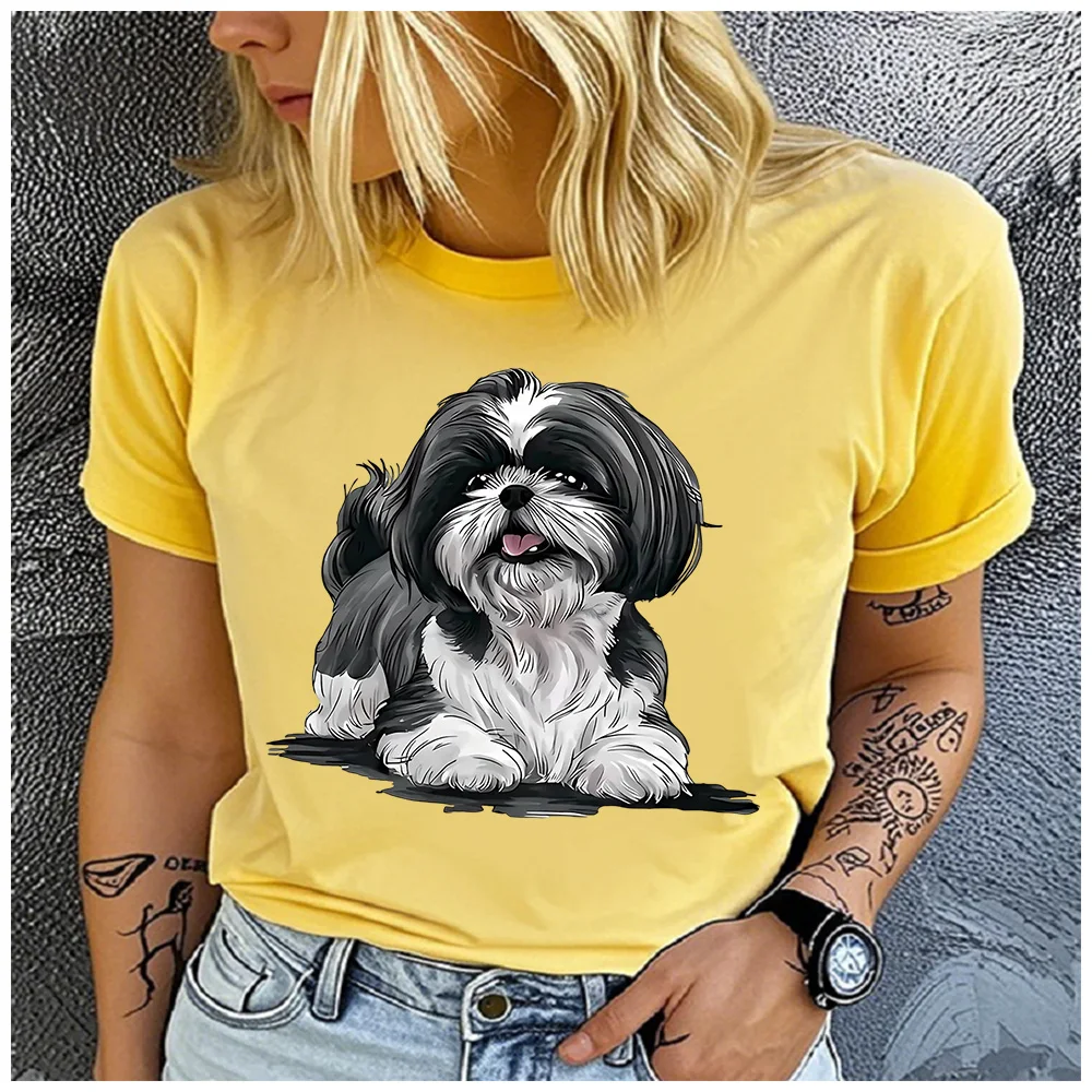 Cotton 100% Cute Fluffy Shih Tzu Puppy Lying Print Women T Shirt Realistic Shihtzu Dog Graphic Pet Lover Casual Short Sleeve Tee