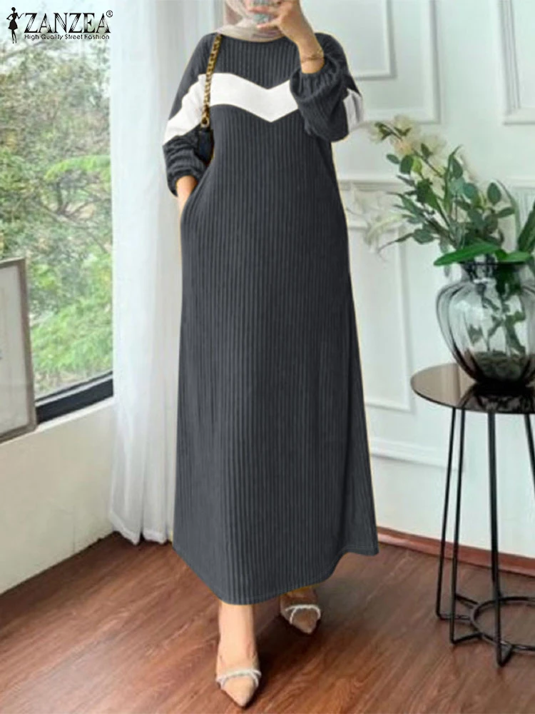 Zanzea muçulmano solto vestidos cor bloco retalhos outono o pescoço islâmico hijab maxi vestido com nervuras de malha casual feminino abaya robe