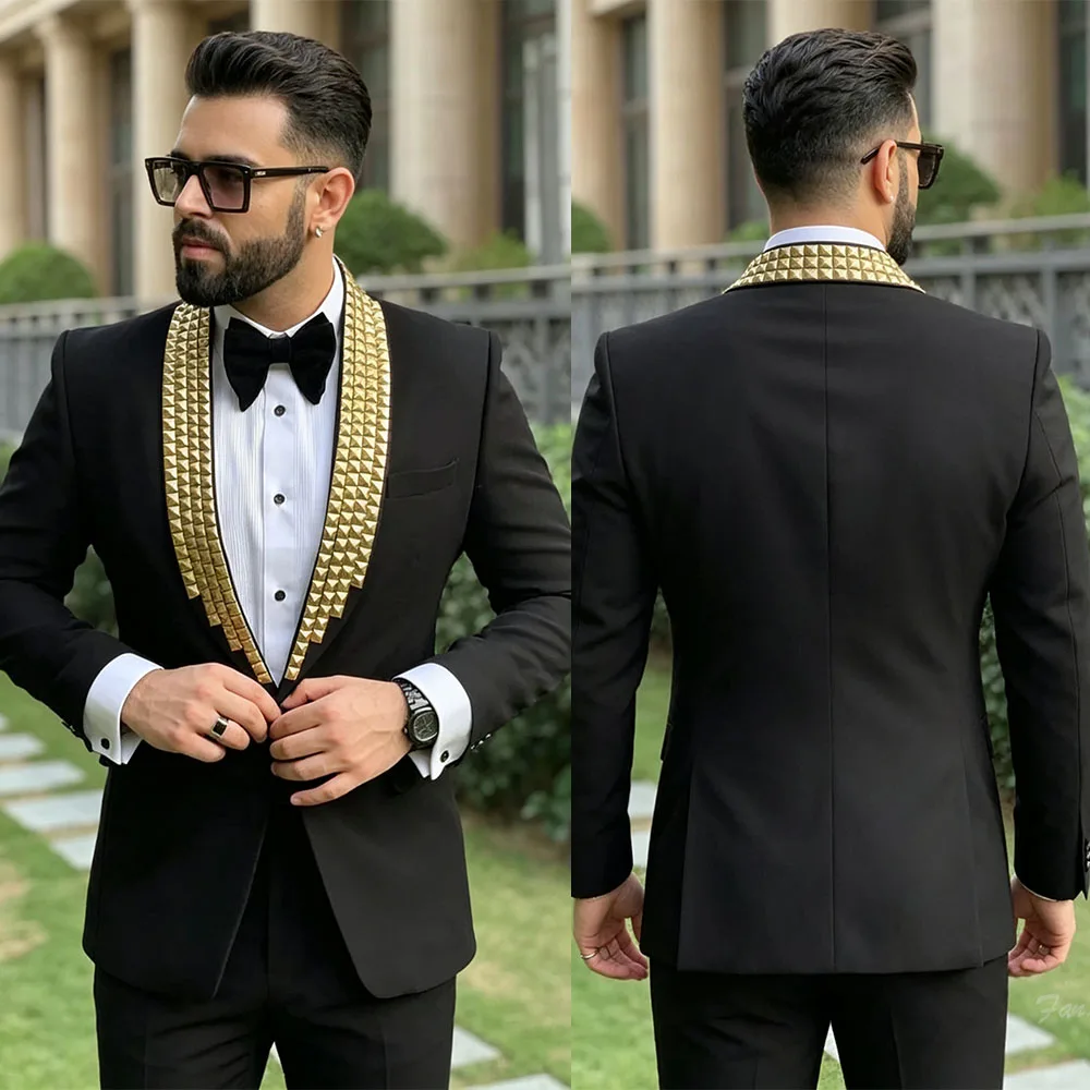 Modern Men's Suits Tuxedo Beads Sheer Lapel 2 Pieces Blazer Pants Business Formal Work Wedding Groom Customized Costume Homme