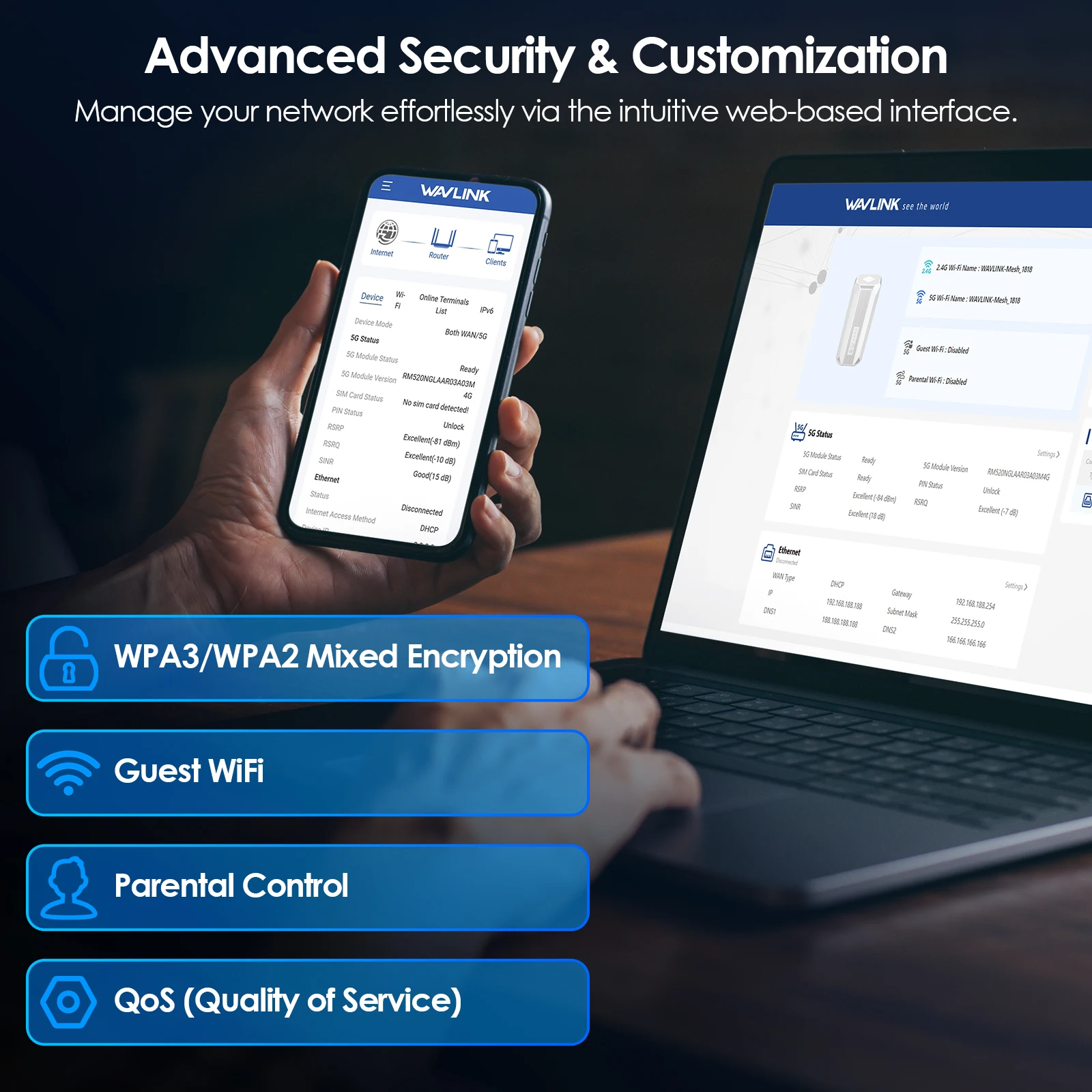 Enrutador WAVLINK AX3000 5G NR CPE enrutador de malla Wi-Fi 6 de doble banda con ranura para tarjeta Nano SIM, VPN SA/NSA Ideal para uso doméstico y de oficina