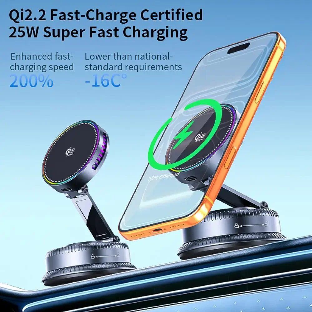 QI2.2 25W Magnetisches kabelloses Autoladegerät, 360-Grad-drehbare Autotelefonhalterung mit Vakuumsaugnapf für iPhone 17 Pro Max – Detail 1