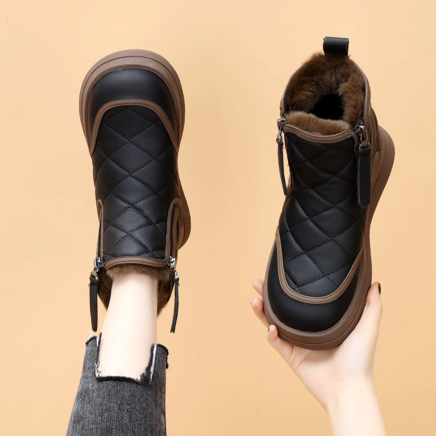 Botas de goma de tacón plano para mujer, zapatos de mujer, calzado de invierno con cremallera de Australia, punta redonda, lluvia, cuero bajo genuino 2024