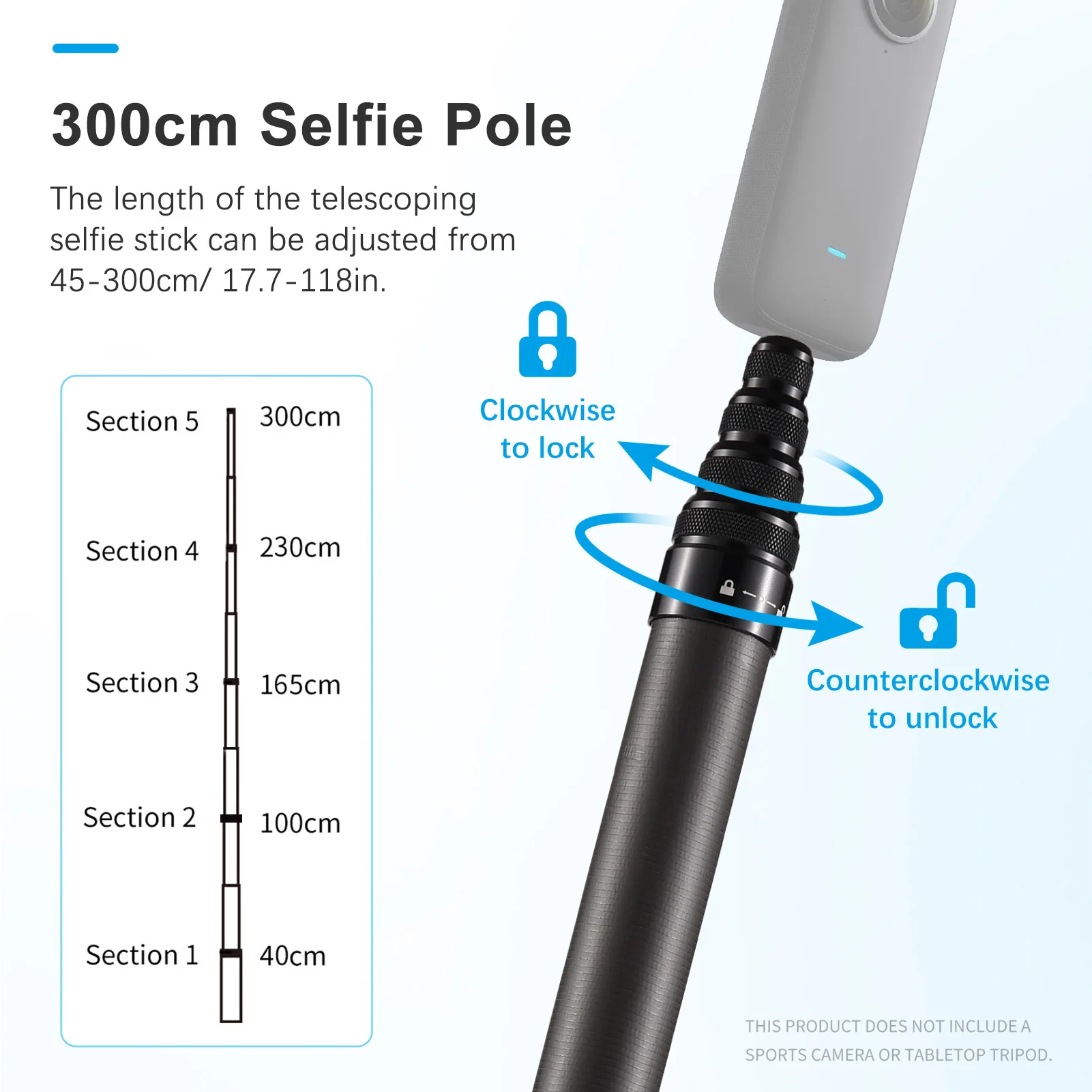 Camnoon 3 Meters/118 Inches Portable Selfie Stick Telescoping Selfie Stand Carbon Fiber 4 Sections w/ 1/4in Screw Selfie Stick