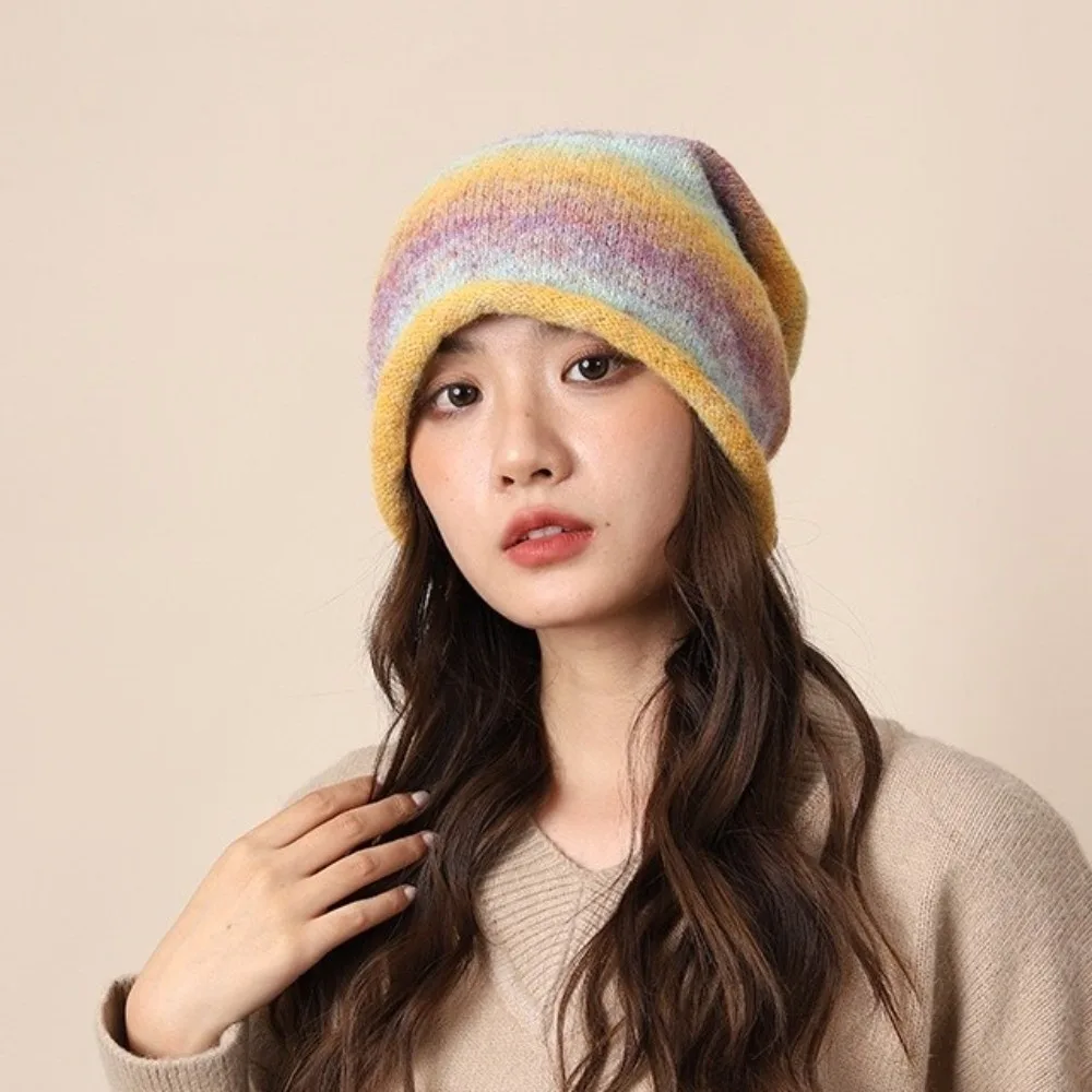 Fashion Gradient Color Knitted Stacked Hat Loose Rolled Brim Y2K Pullover Cap Dome Headgear Drawstring Beanies Hat Outdoor