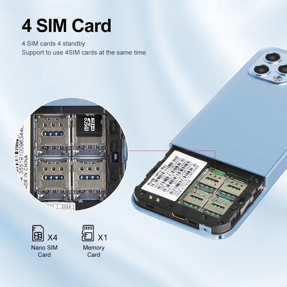 MKTEL M14 ميزة الهاتف أربعة بطاقة Sim الاستعداد 2.4 "شاشة 1100mAh بطارية MP3 MP4 راديو FM كبار الهاتف