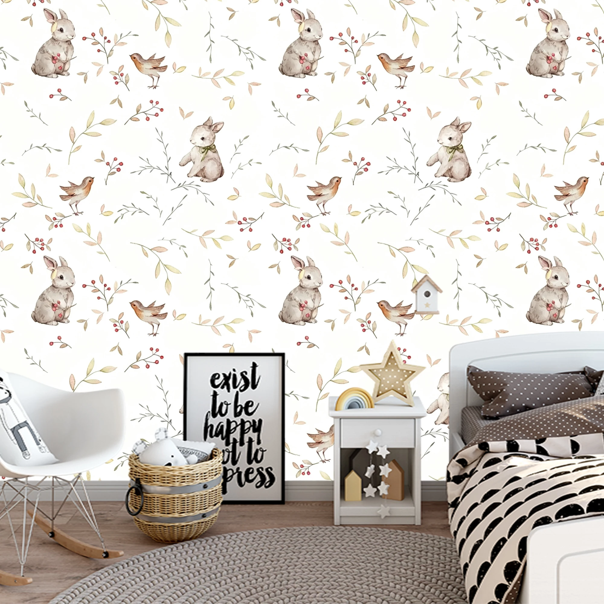 Milofi Customization Watercolor Bunny Bird Wallpaper Cute Rabbit Berry Leaf Wall Mural For Baby Nursery Kids Room Decor