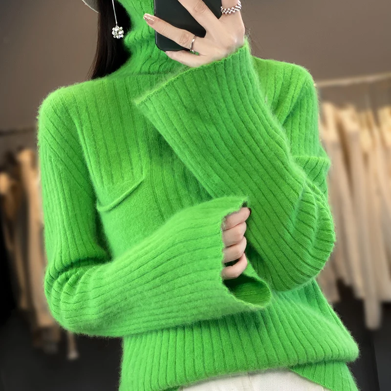 Ltalian Designer! Pure Mink Cashmere Sweater Women, Sweter z dzianiny z wysokim kołnierzem, Szeroki pasek Duży rozmiar Długie rękawy, Jesień, Gorąca