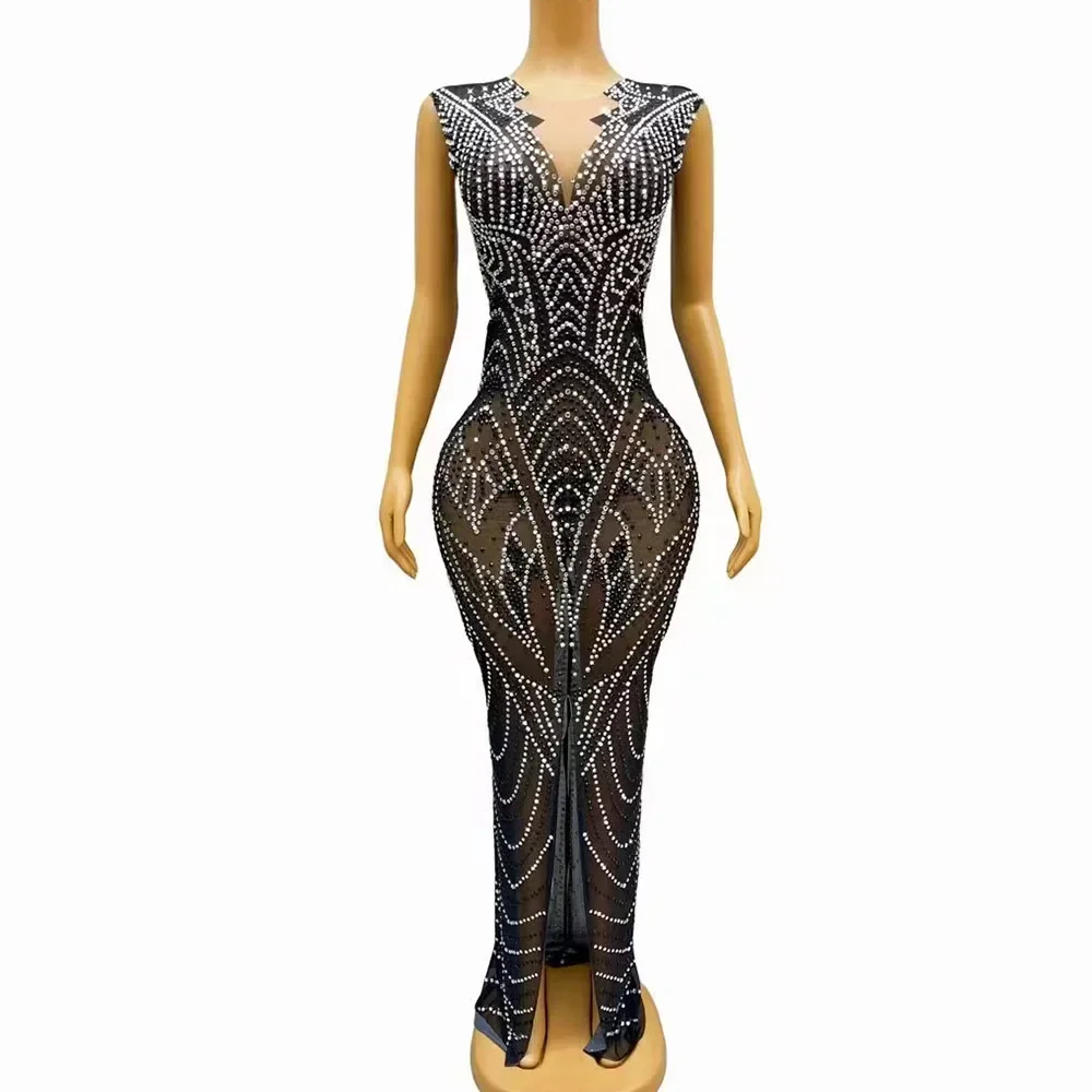 Costume de Soirée d'Anniversaire pour Femme, Robe Sexy, Transparente, avec Strass Argentés et Noirs