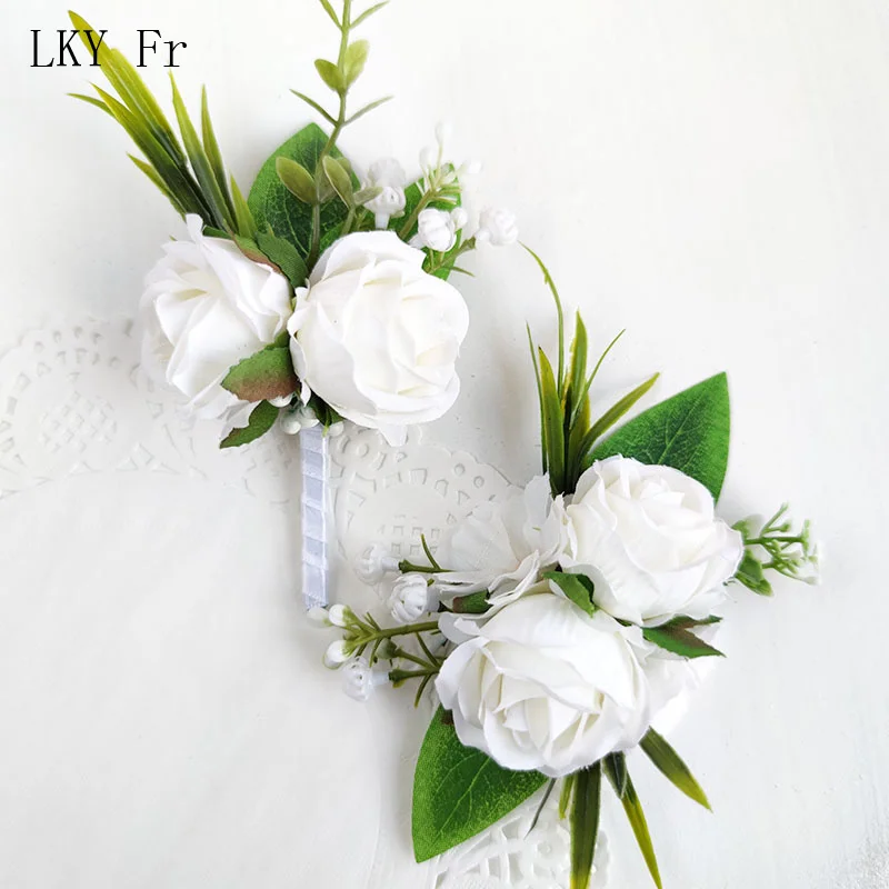 Boutonniere branca para damas de honra, acessórios do casamento, botoeira do noivo, broche do corsage do pulso, flores, rosas artificiais da seda, braceletes