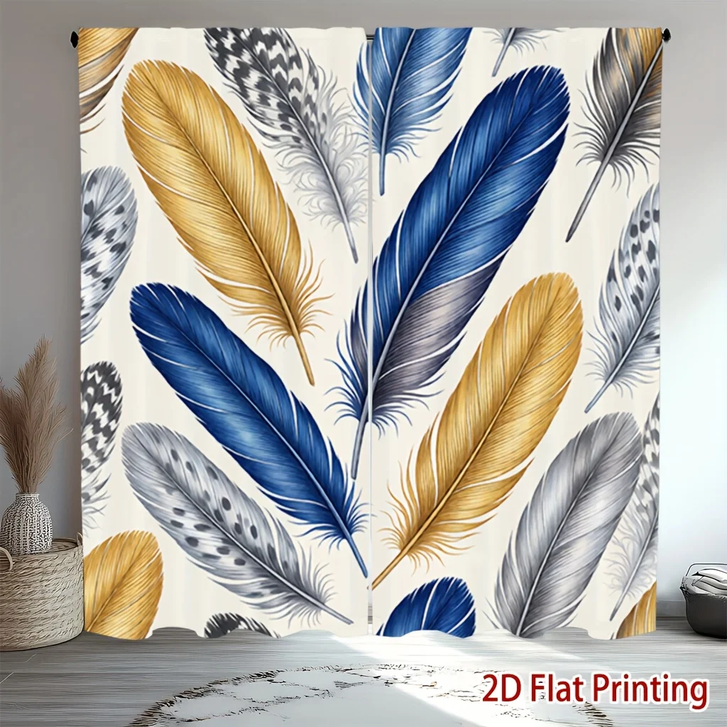 Luxury Feather Print Blue Gold Curtain Pair 2pc Curtain Panels Decorative Window Drapes Modern Living Room Home Decor Curtain