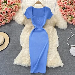 Sexy chique elastische gebreide bodycone kokerjurk effen strakke midi wrap vestidos Koreaanse fashion party basic slanke zomer dames gewaad