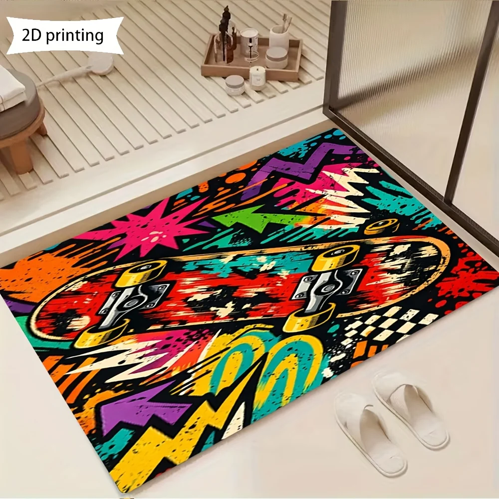 Graffiti Skateboard Doormat, Colorful Street Art Rug, Cool Teen Room Floor Mat, Non-Slip Entryway Carpet, Urban Home Decor