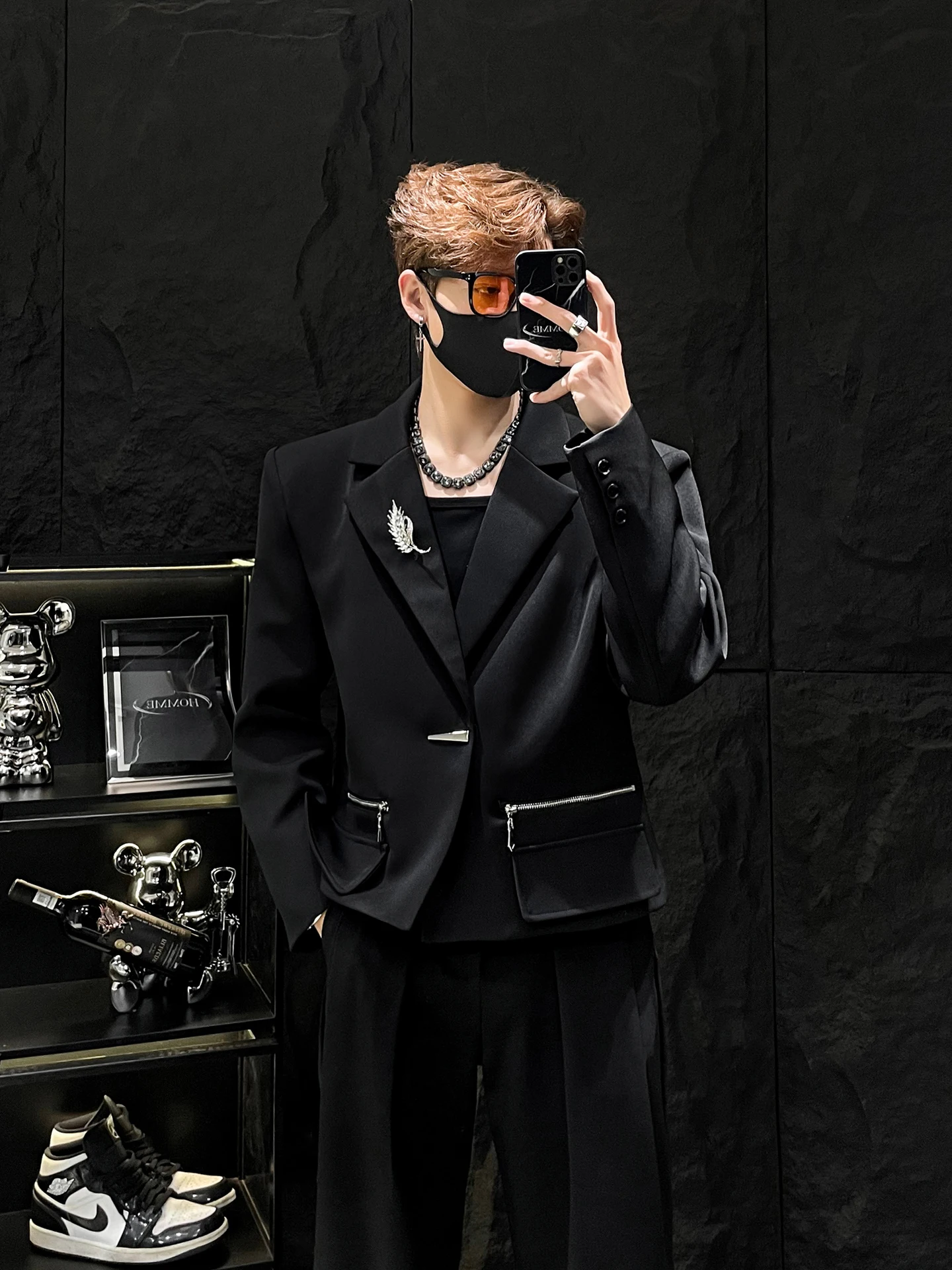 

Модный мужской пиджак с металлической булавкой на груди, в корейском стиле, высококачественный, с декоративной молнией, устойчивый к сминанию, повседневный