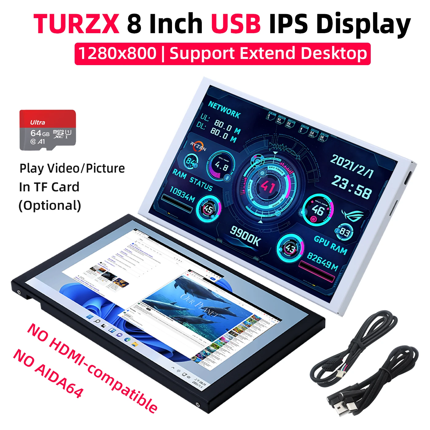 TURZX 8 Inch USB Screen 1280x800 IPS LCD Support Extended Desktop Mode Automatic Play Via TF Card CPU GPU RAM Monitor NO AIDA64